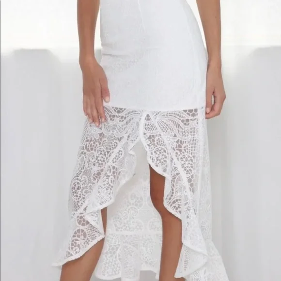 JAUS White Ruffle Midi Skirt Side Split Sheer Lace M/6 - Picture 6 of 7